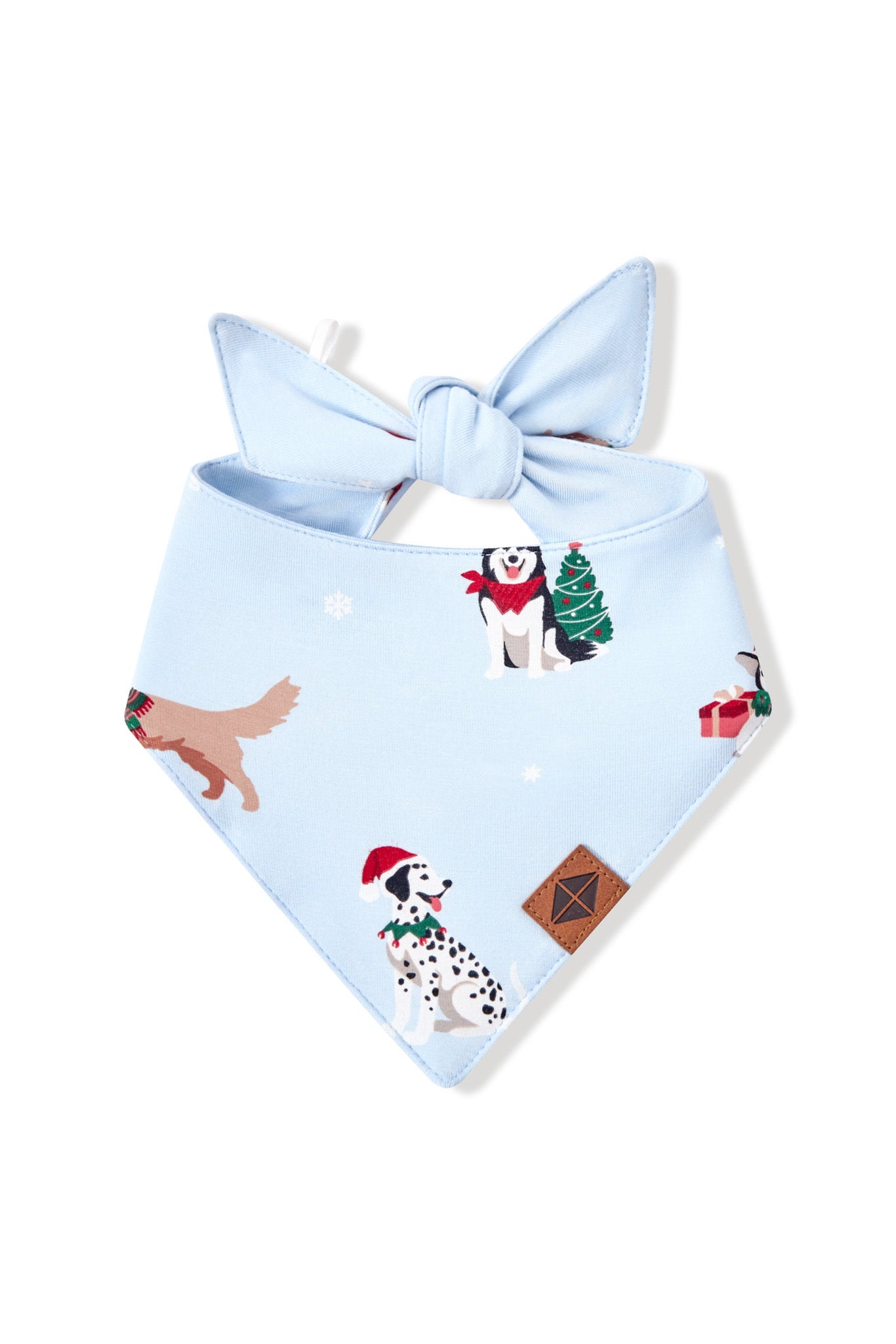 Blue Dog Bandana in Holiday Pups print on a white background