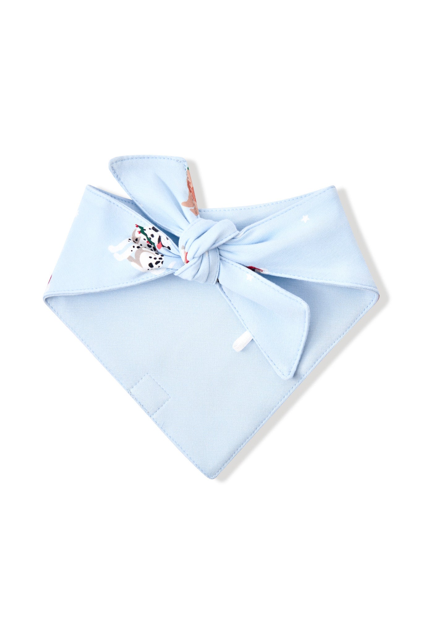 Blue fabric on the Back side of Dog Bandana in Holiday Pups print on a white background
