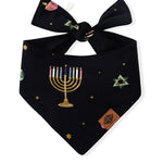 Black Dog Bandana in Hanukkah Nights print on a white background