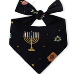 Black Dog Bandana in Hanukkah Nights print on a white background
