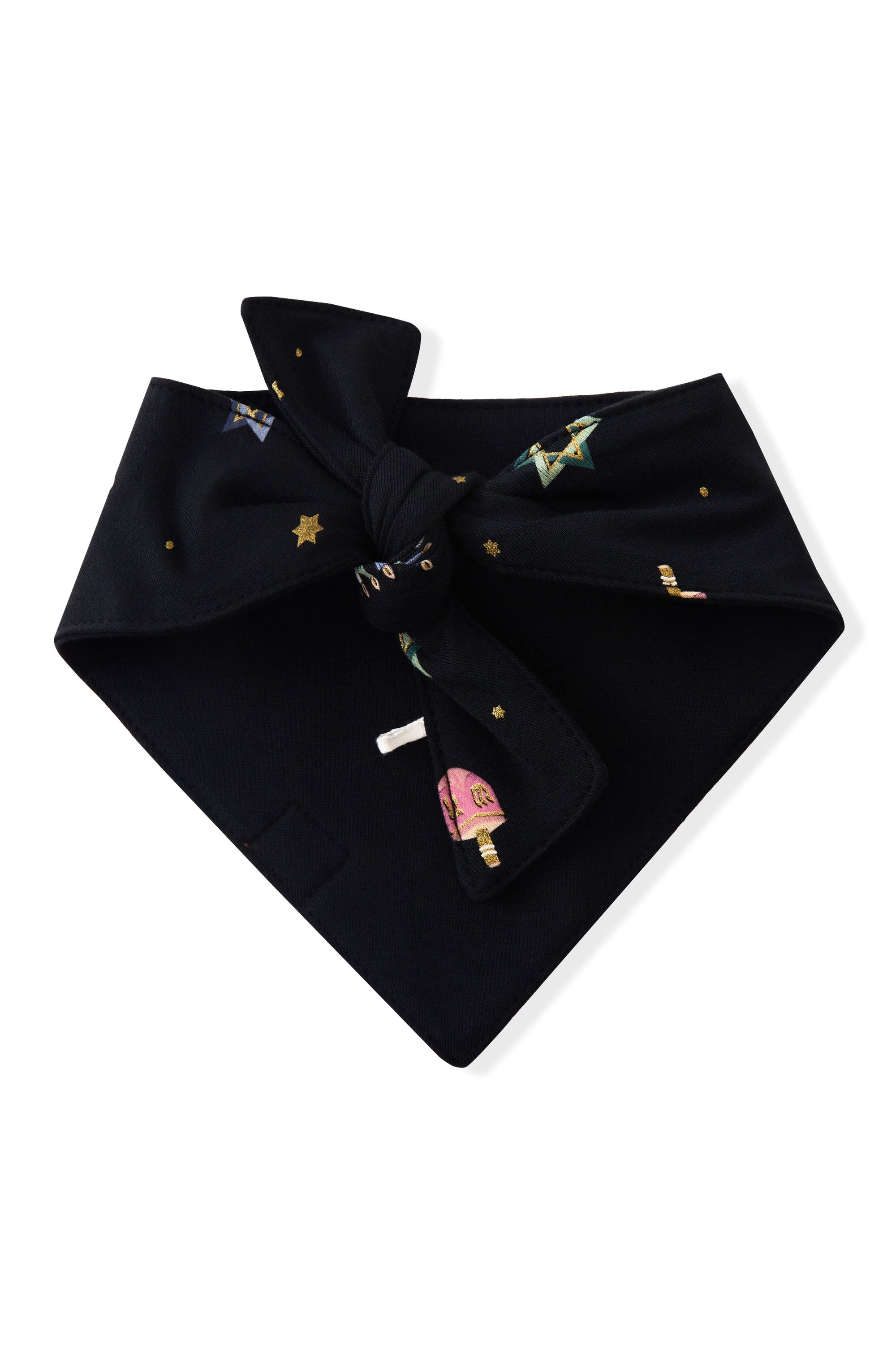 Back side of Black Dog Bandana in Hanukkah Nights print on a white background