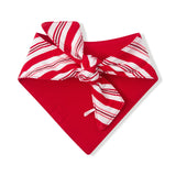 Red fabric on the Back side of Dog Bandana in Peppermint Stripes print on a white background