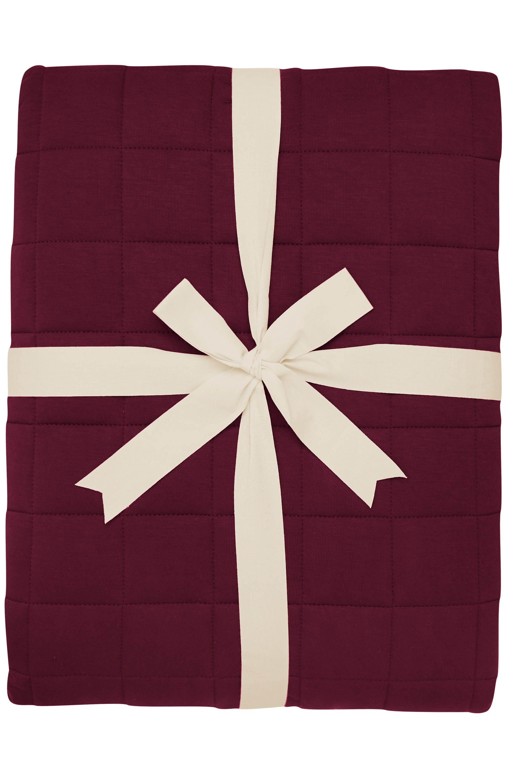 Product photo of the Bamboo Quilt Blanket in Burgundy 2.5 wrapped in an ivory bow