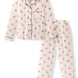 Beige Long-Sleeved Women's Pajama Set in Halloween Teddy print on a white background