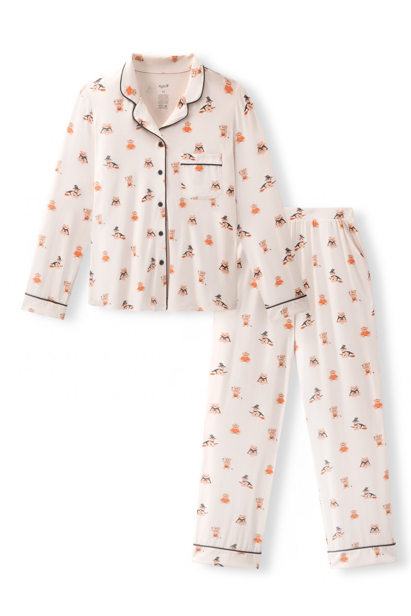 Beige Long-Sleeved Women's Pajama Set in Halloween Teddy print on a white background