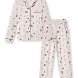 Long-Sleeved Women's Pajama Set with Book Club print on a white background