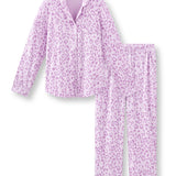 Long-Sleeved Women's Pajama Set in Thistle Leopard print on white background