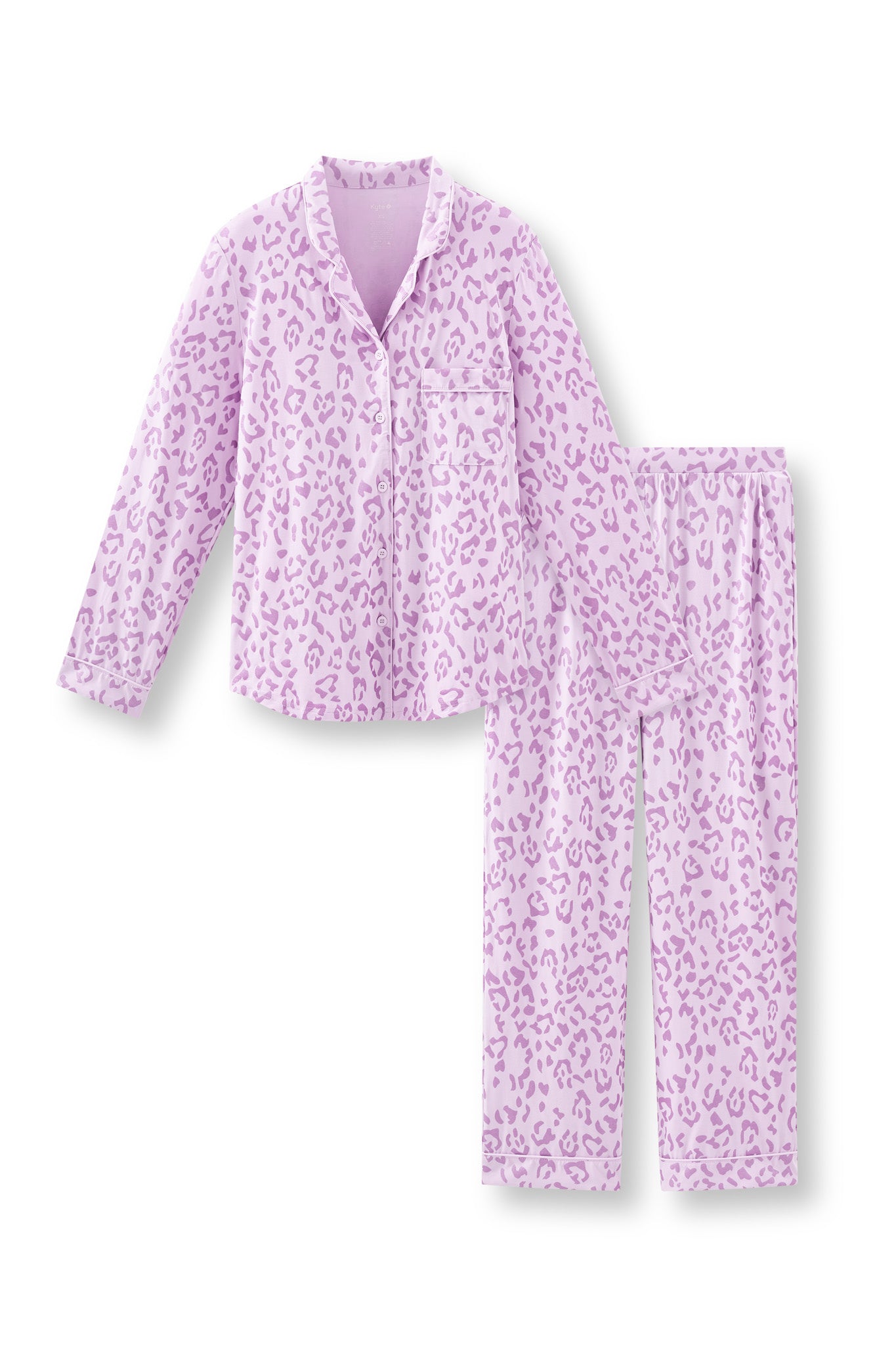 Long-Sleeved Women's Pajama Set in Thistle Leopard print on white background