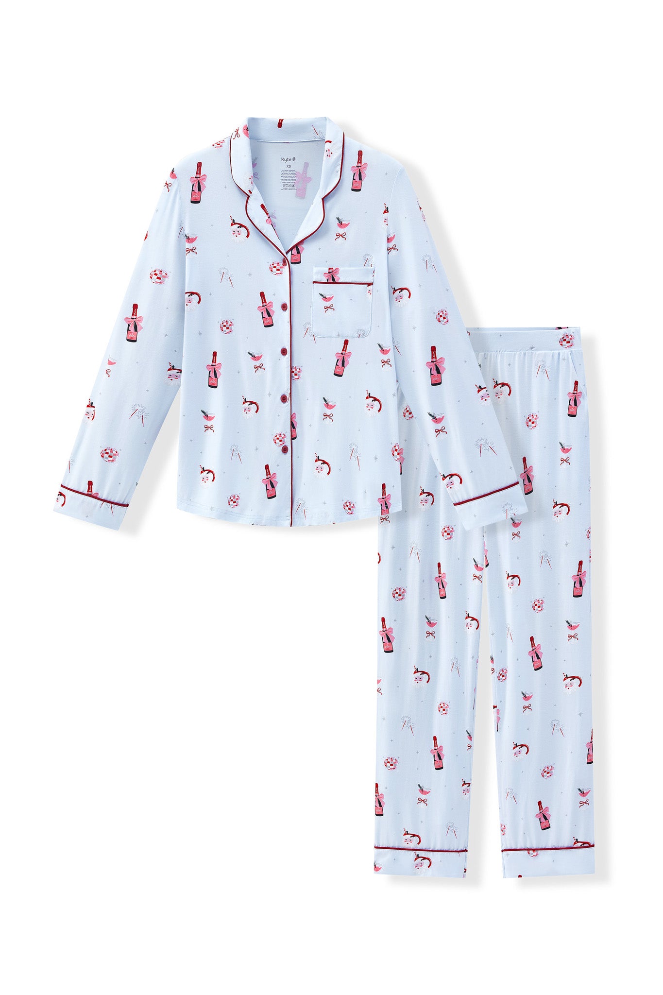 Long-Sleeved Women's Pajama Set in Merry and Bubbly print on a white background
