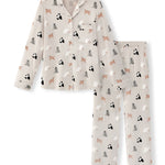 A two-piece long-sleeve pajama set featuring a button-up top and matching pants in a light beige color, both printed with a repeating pattern of cats.