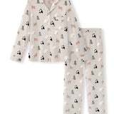A two-piece long-sleeve pajama set featuring a button-up top and matching pants in a light beige color, both printed with a repeating pattern of cats.