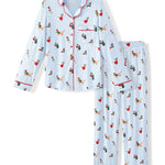 Blue Long-Sleeved Women's Pajama Set in Holiday Pups print on a white background