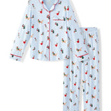 Blue Long-Sleeved Women's Pajama Set in Holiday Pups print on a white background