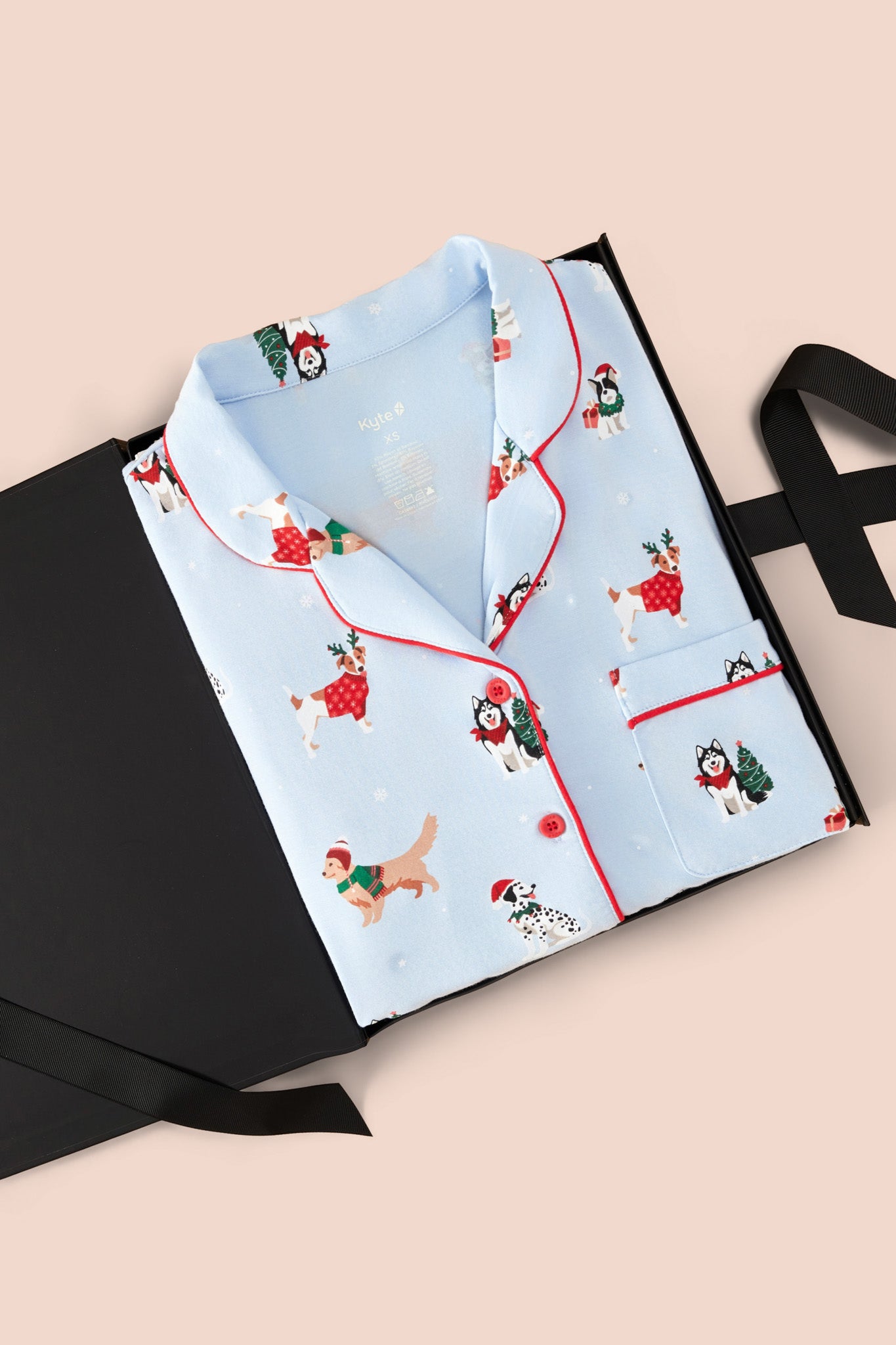 Blue Long-Sleeved Women's Pajama Set in Holiday Pups print packed in a box on a beige background
