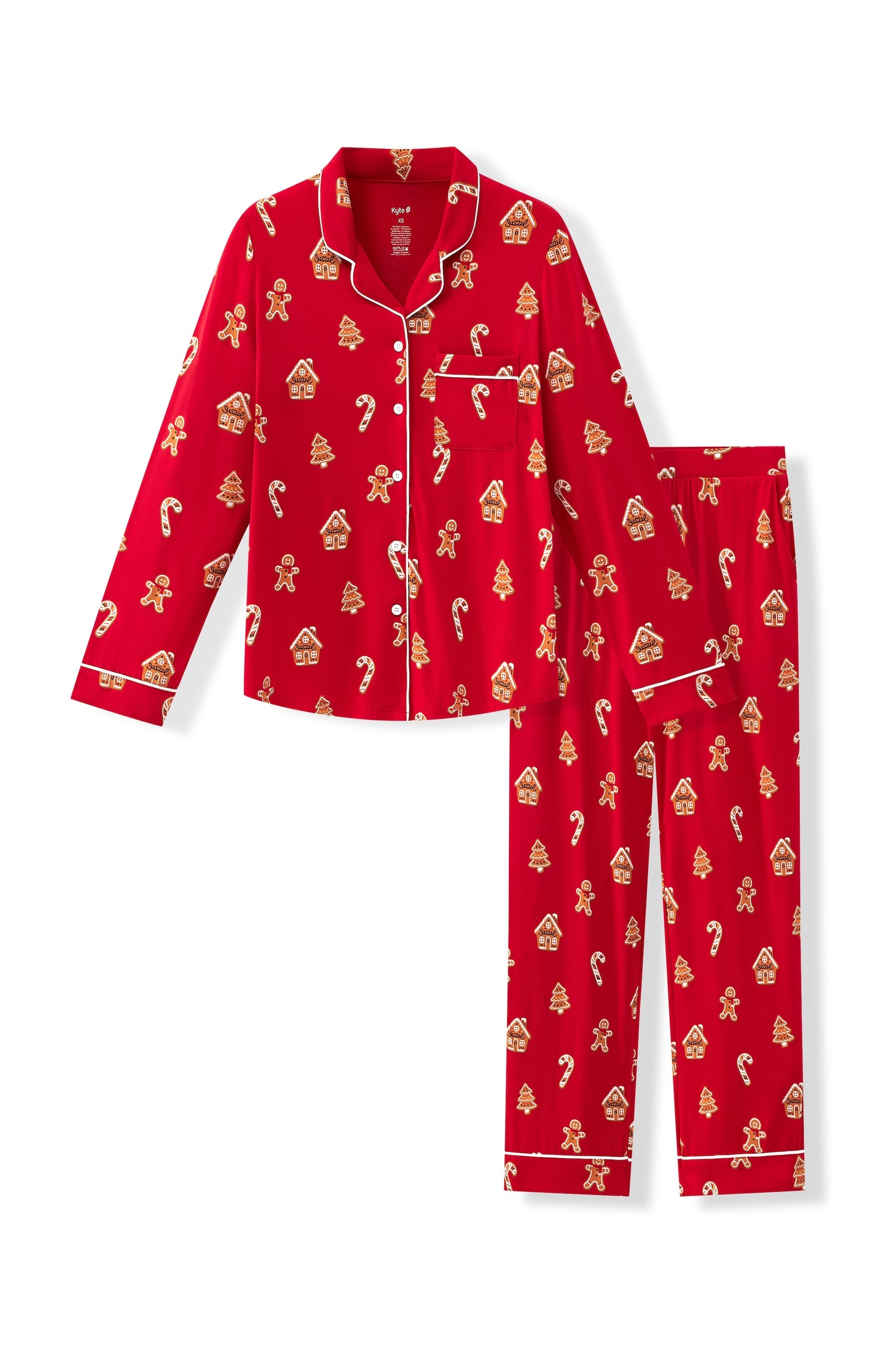 Flat lay in long sleeve pajama set in gingerbread print