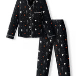 Black Long-Sleeved Women's Pajama Set in Halloween Friends print on a white background