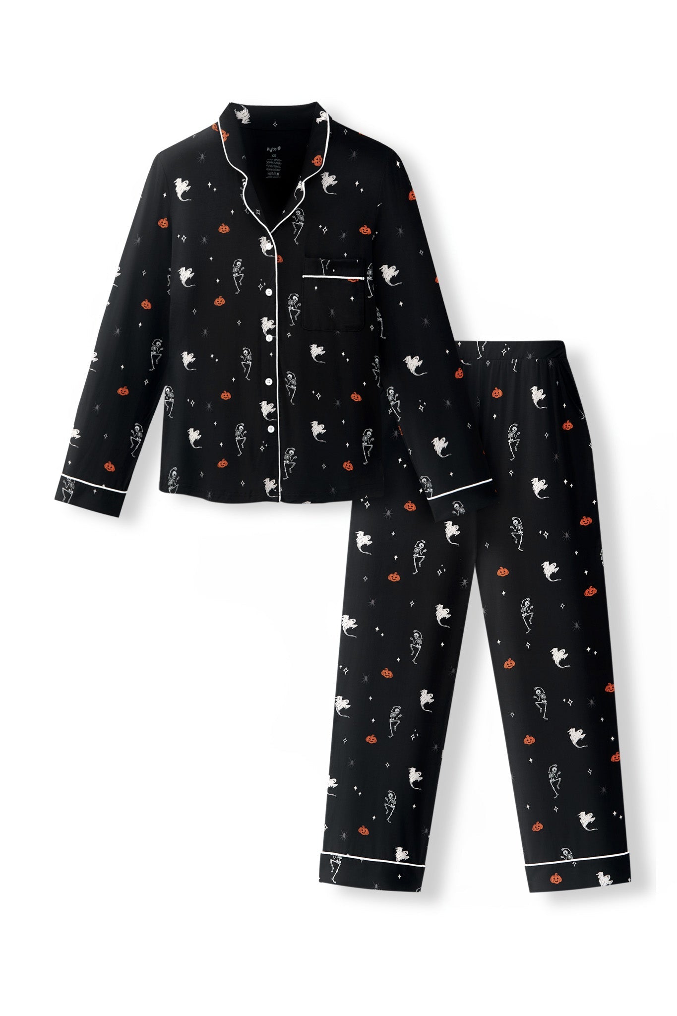 Black Long-Sleeved Women's Pajama Set in Halloween Friends print on a white background
