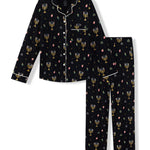 Black Long-Sleeved Women's Pajama Set in Hanukkah Nights print on a white background
