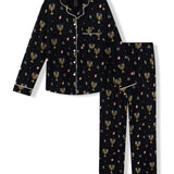 Black Long-Sleeved Women's Pajama Set in Hanukkah Nights print on a white background