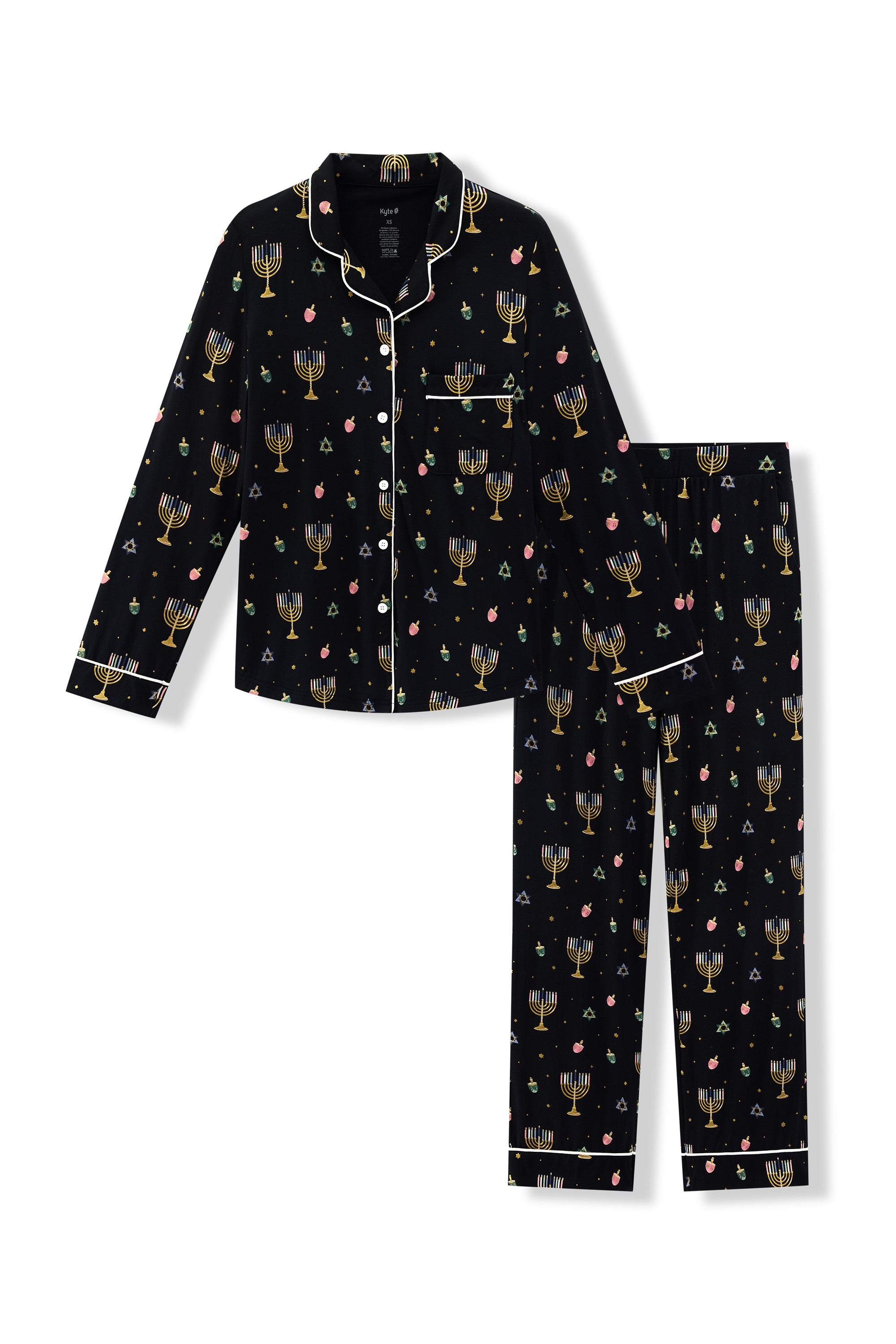 Black Long-Sleeved Women's Pajama Set in Hanukkah Nights print on a white background