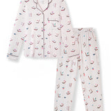 Long-Sleeved Women's Pajama Set in Vanilla Mahjong print on white background