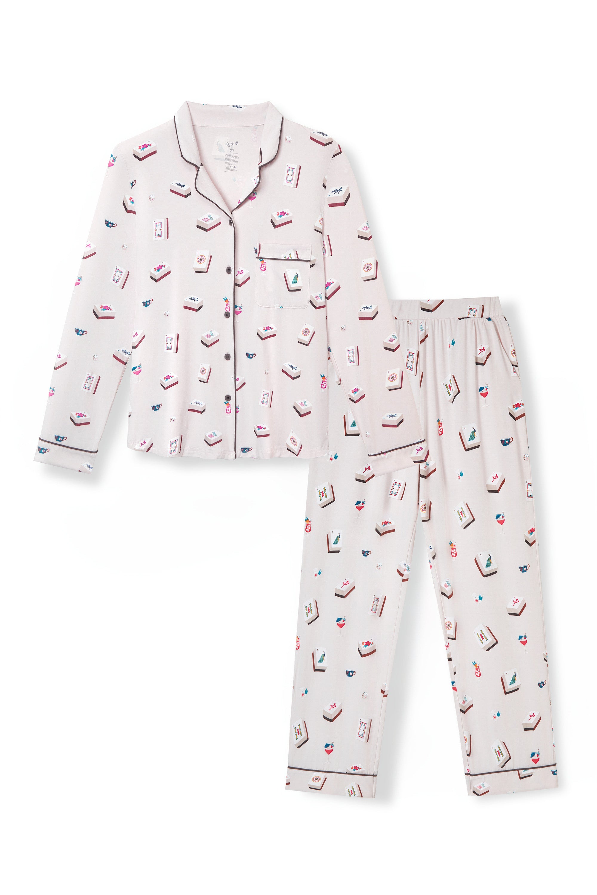 Long-Sleeved Women's Pajama Set in Vanilla Mahjong print on white background