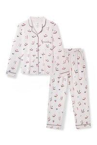 Long-Sleeved Women's Pajama Set in Vanilla Mahjong print on white background