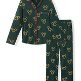 Long-Sleeved Women's Pajama Set in Mickey Christmas Wreath print on a white background