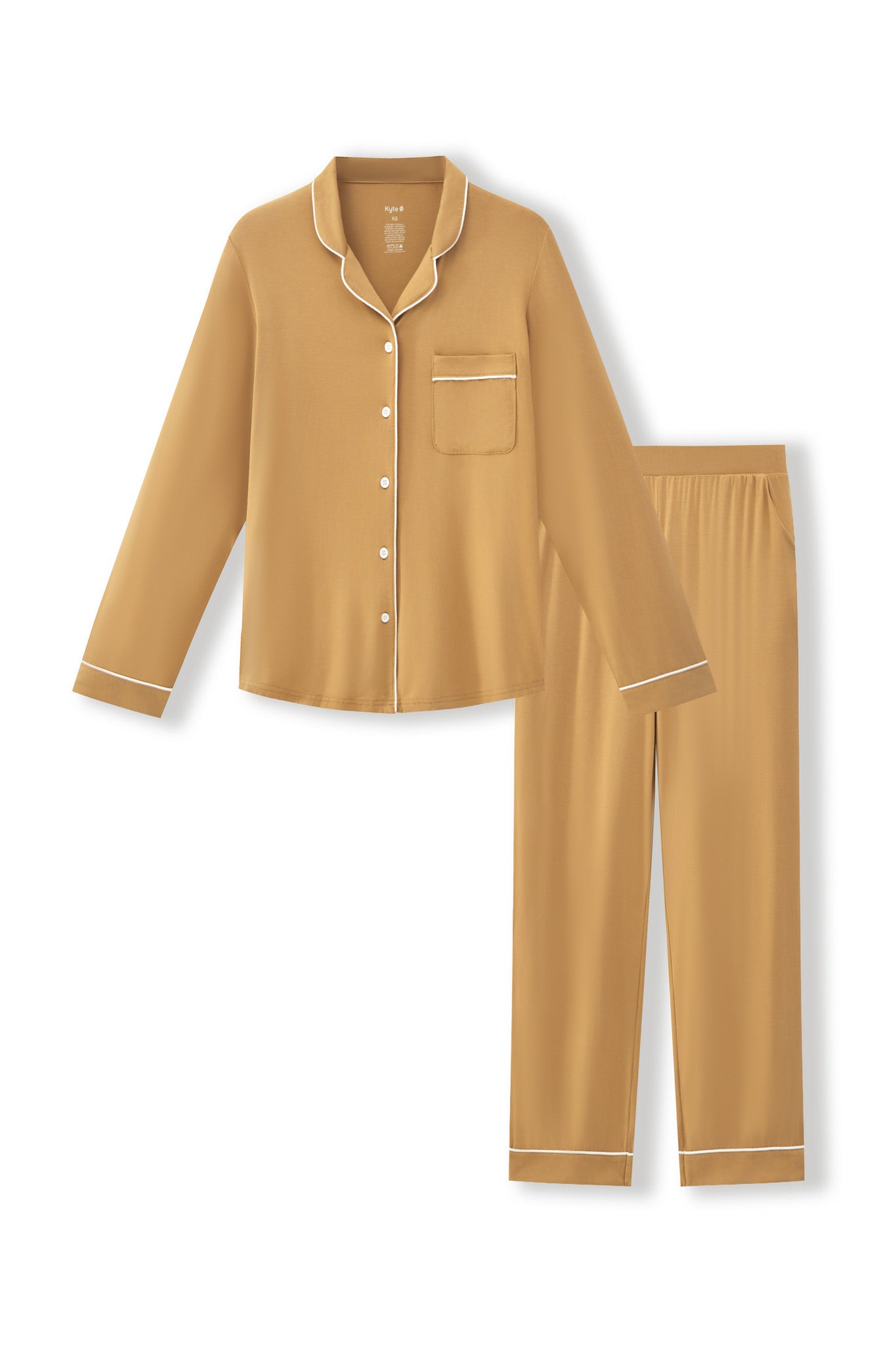 Long-Sleeved Women's Pajama Set in Ochre on a white background