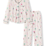 Long-Sleeved Women's Pajama Set in Pickleball print on a white background