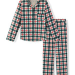 Flat lay of the long sleeve pajama set in holiday plaid