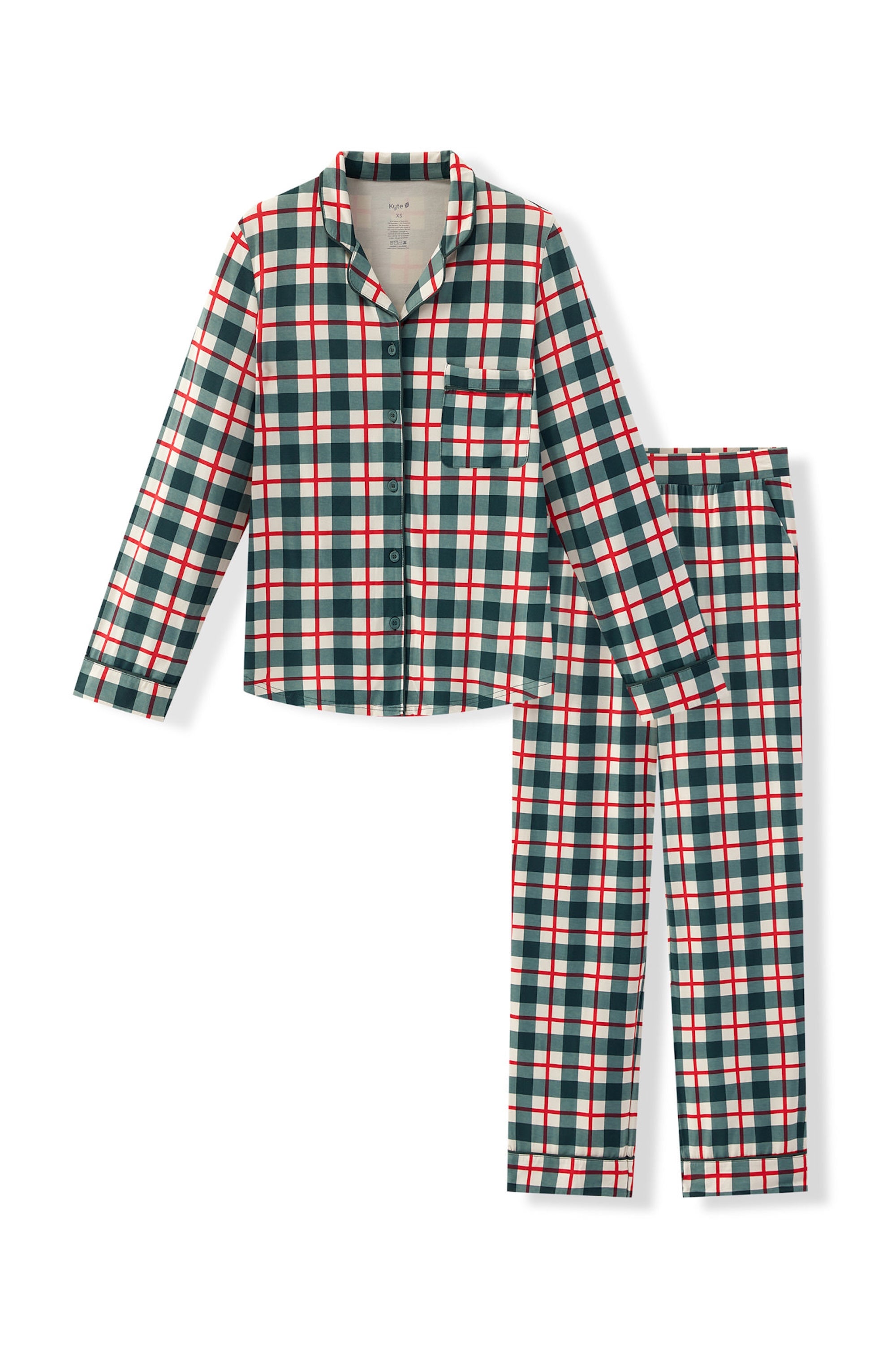Flat lay of the long sleeve pajama set in holiday plaid