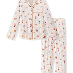 Long-Sleeved Women's Pajama Set in Pumpkin Spice Latte print on a white background