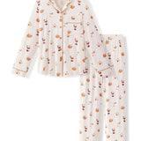 Long-Sleeved Women's Pajama Set in Pumpkin Spice Latte print on a white background