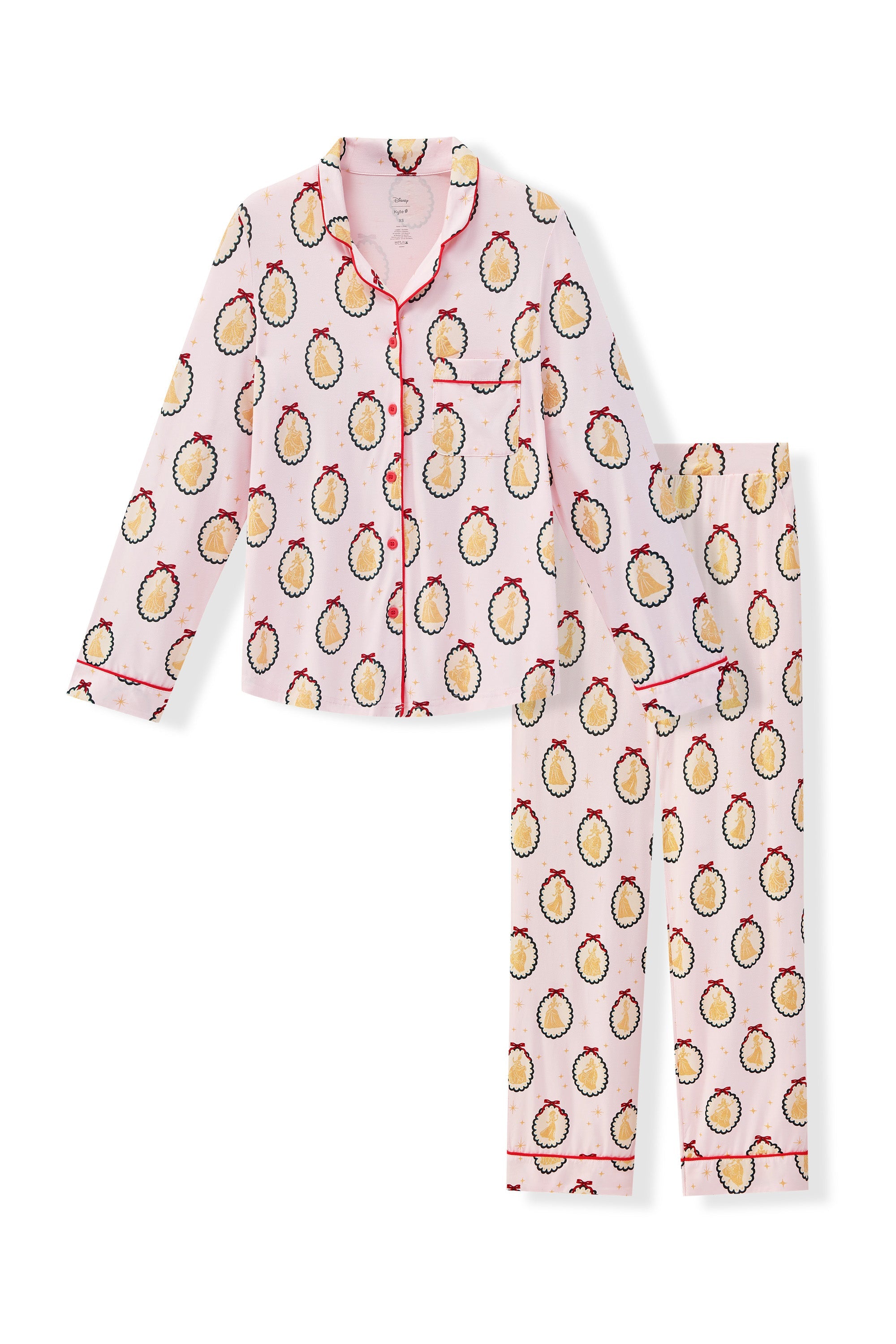 Long-Sleeved Women's Pajama Set in Princess Holiday Portraits print on a white background