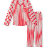 Long-Sleeved Women's Pajama Set in red and white Peppermint Stripes print on a white background