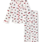 Flat lay of long sleeve pajama set in holiday tree farm
