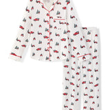 Flat lay of long sleeve pajama set in holiday tree farm