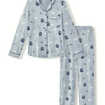 Long-Sleeved Women's Pajama Set in Vintage Hockey print on a white background
