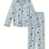 Long-Sleeved Women's Pajama Set in Vintage Hockey print on a white background