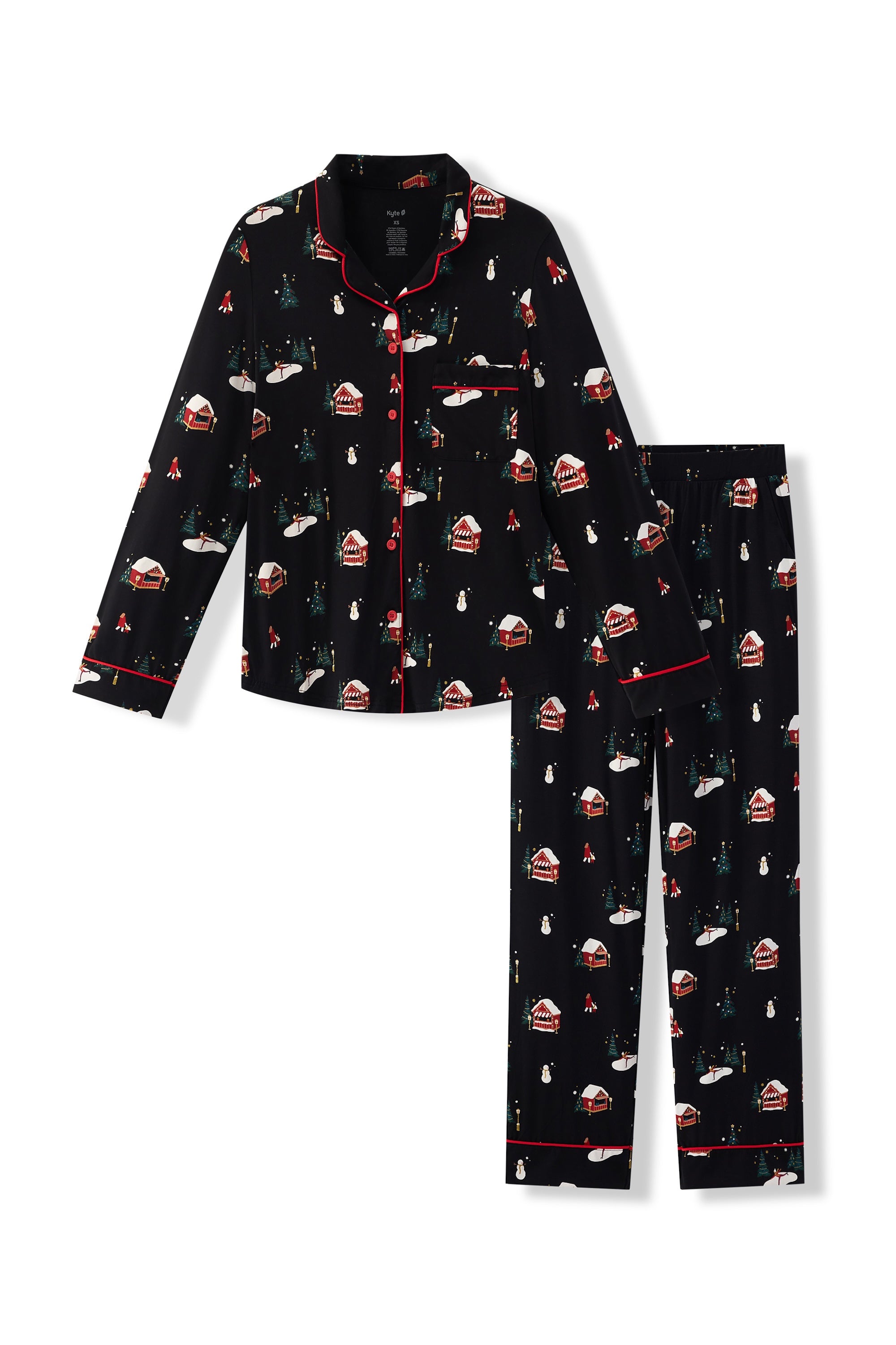 Flat lay of long sleeve pajama set in winter wonderland
