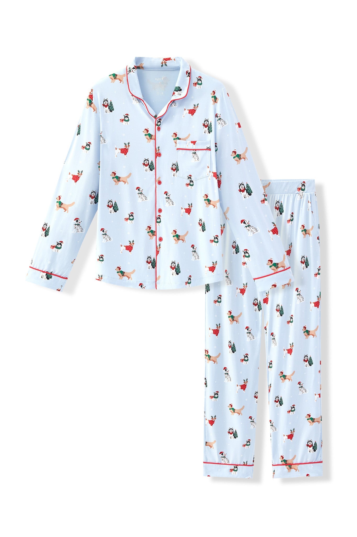 Men's Long Sleeve Pajama Set in Holiday Pups print on a white background