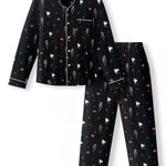 Black Men's Long Sleeve Pajama Set in Halloween Friends print on a white background