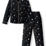 Black Men's Long Sleeve Pajama Set in Halloween Friends print on a white background