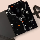 Men's Long Sleeve Pajama Set in Halloween Friends packed in a box on beige background