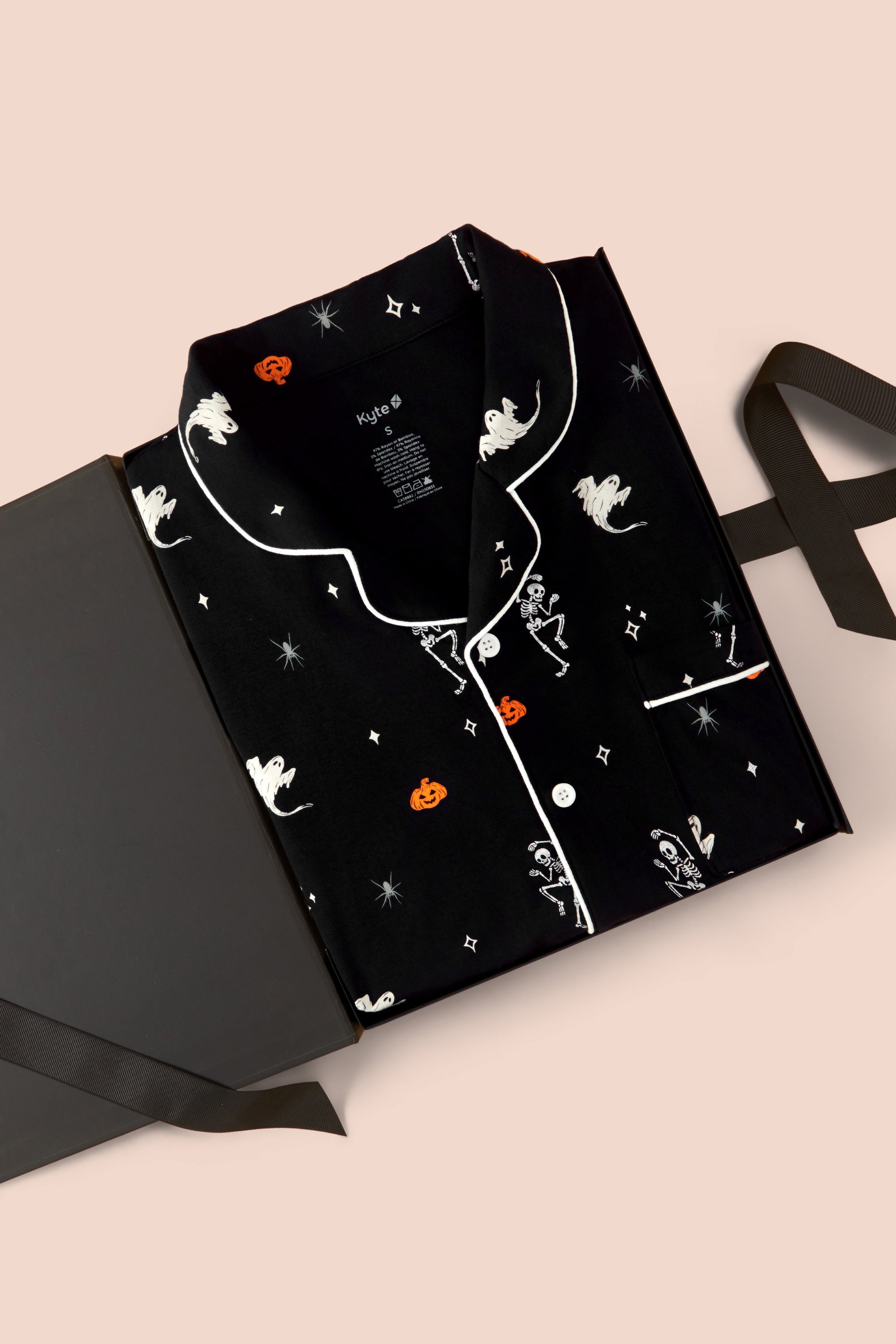 Men's Long Sleeve Pajama Set in Halloween Friends packed in a box on beige background
