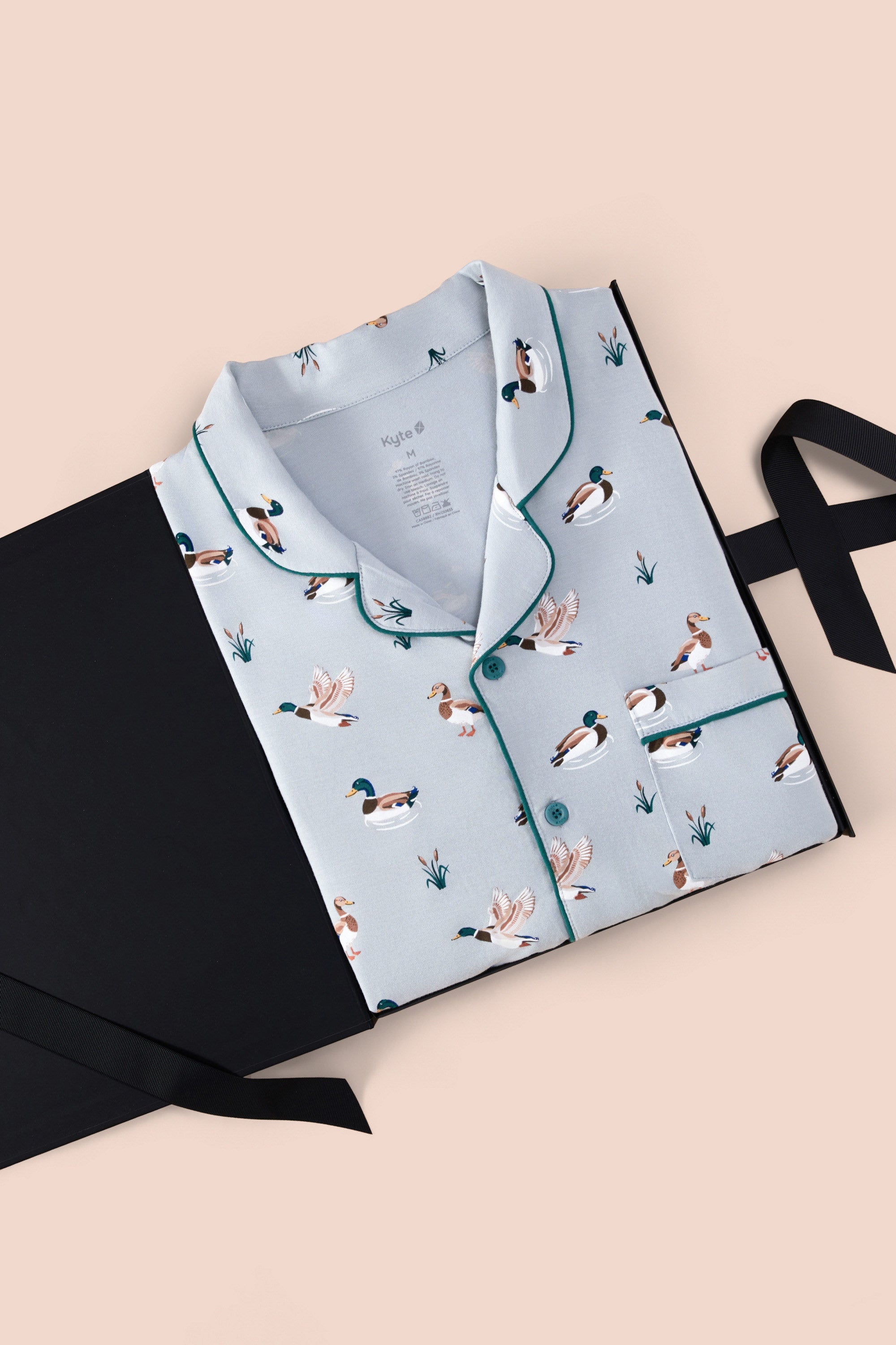 Men's Long Sleeve Pajama Set in Mallard Duck packed in a box on a beige background