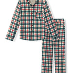 A two-piece pajama set featuring a long-sleeve button-up shirt and matching pants in a green, red, and white plaid pattern, displayed on a clean white background.