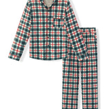 A two-piece pajama set featuring a long-sleeve button-up shirt and matching pants in a green, red, and white plaid pattern, displayed on a clean white background.