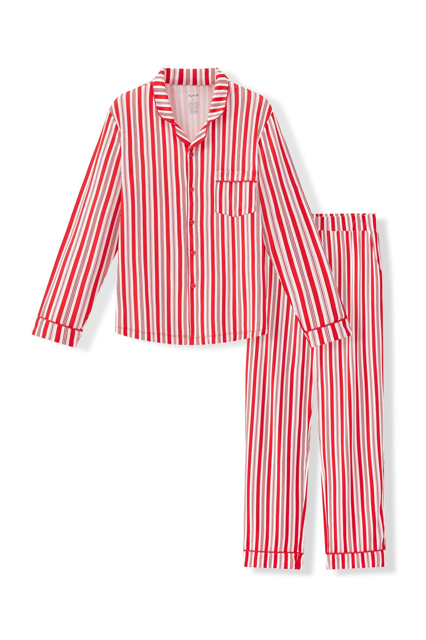 Men's Long Sleeve Pajama Set in red and white Peppermint Stripes print on a white background